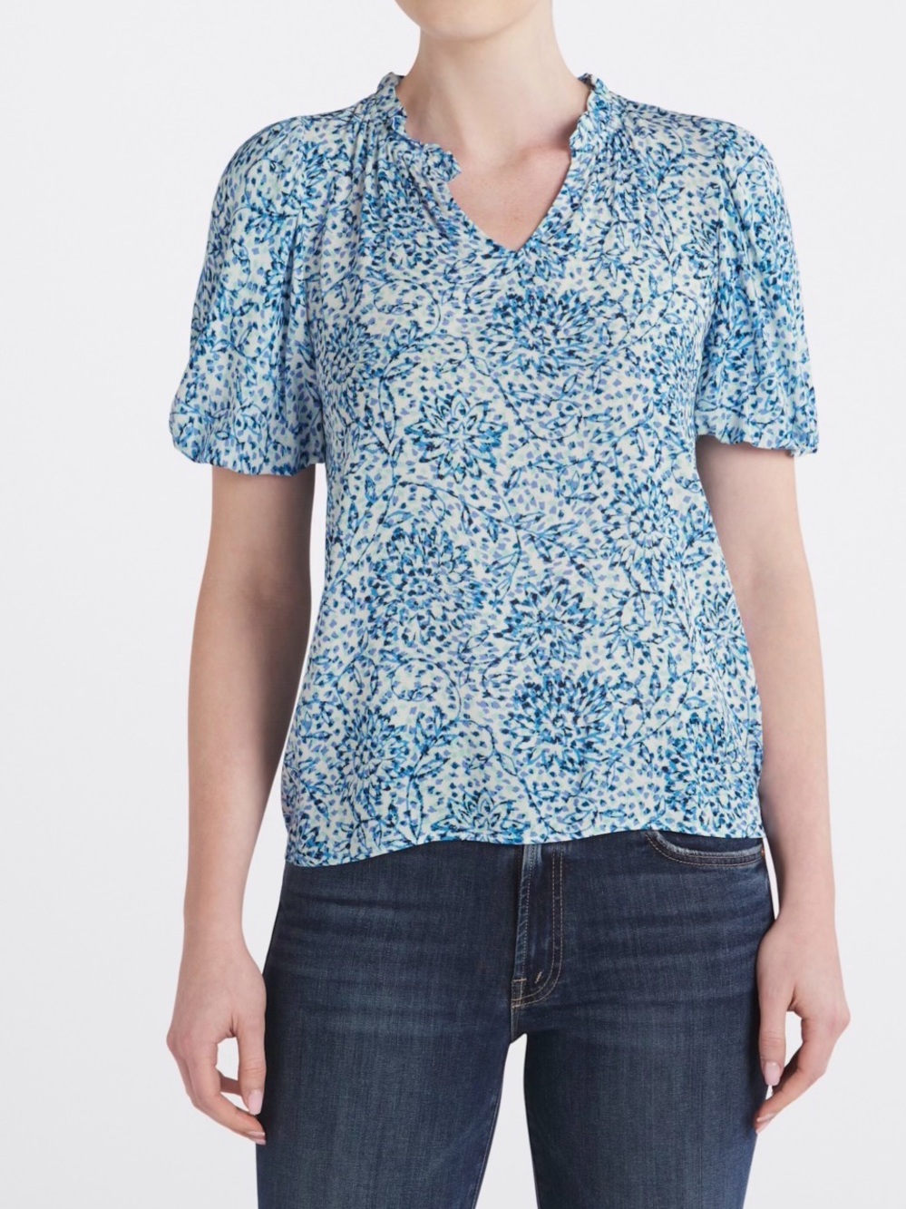 Beacon Blue Floral V-Neck Short Sleeve Top